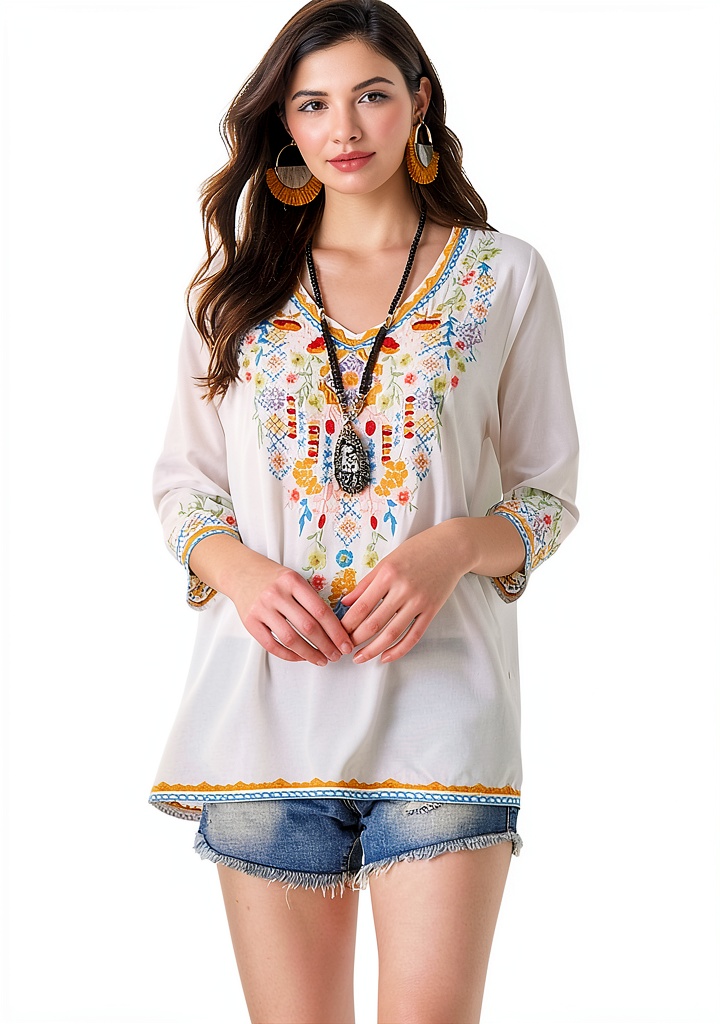 Woman wearing embroidered boho blouse in a sunny park, showcasing the floral stitching and relaxed peasant silhouette