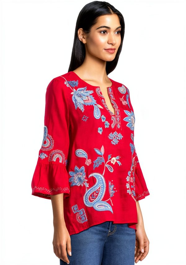 Johnny Was Silk Blouse Womens Embroidered Paisley Watermelon-1