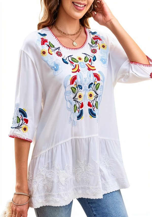 Embroidered Womens Tops Cotton Floral Design Boho Blouse-4