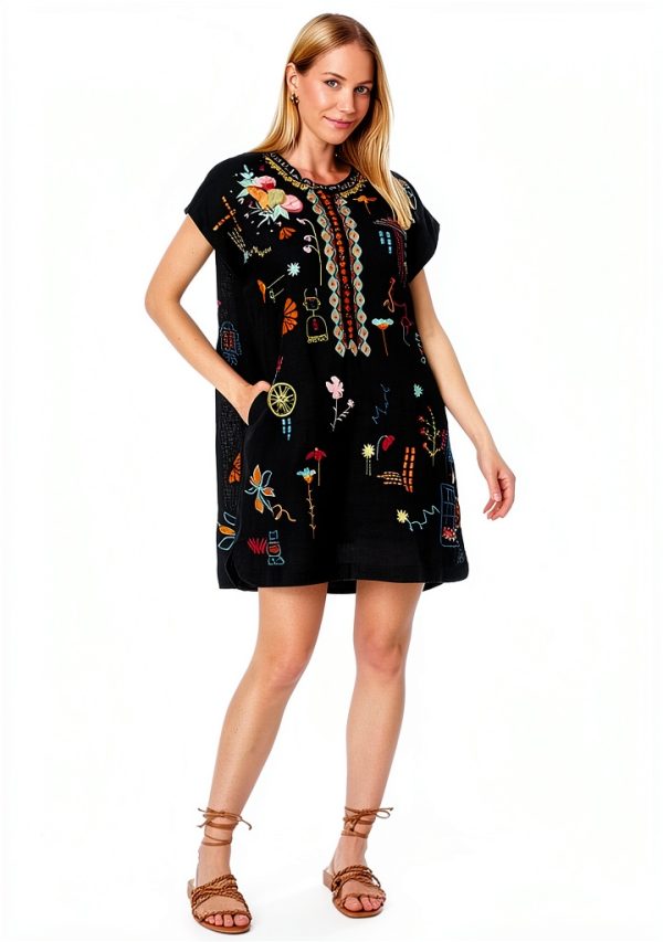 Johnny Was Linen Dress Black Floral Embroidery Womens Casual-1