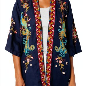 Johnny Was Linen Blouse Womens Embroidered Wide Sleeve-0