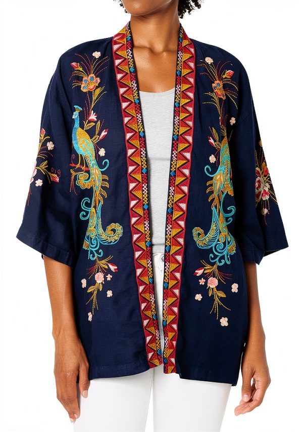 Johnny Was Linen Blouse Womens Embroidered Wide Sleeve-0