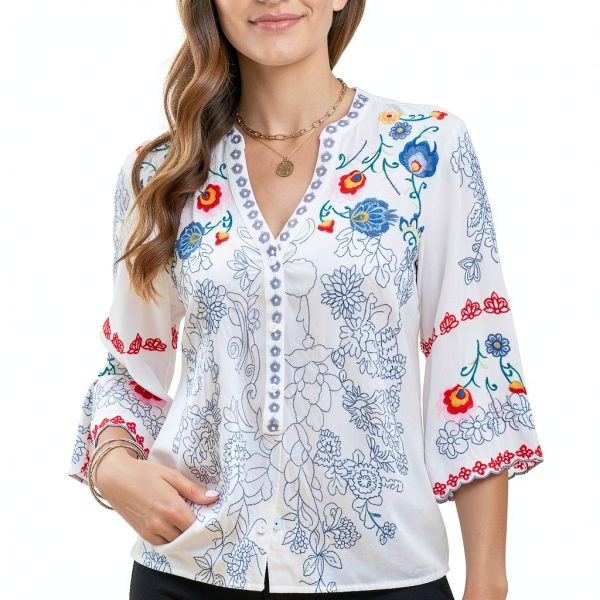 Mexican Embroidered Tops Women Cotton Rayon Boho Blouse-1
