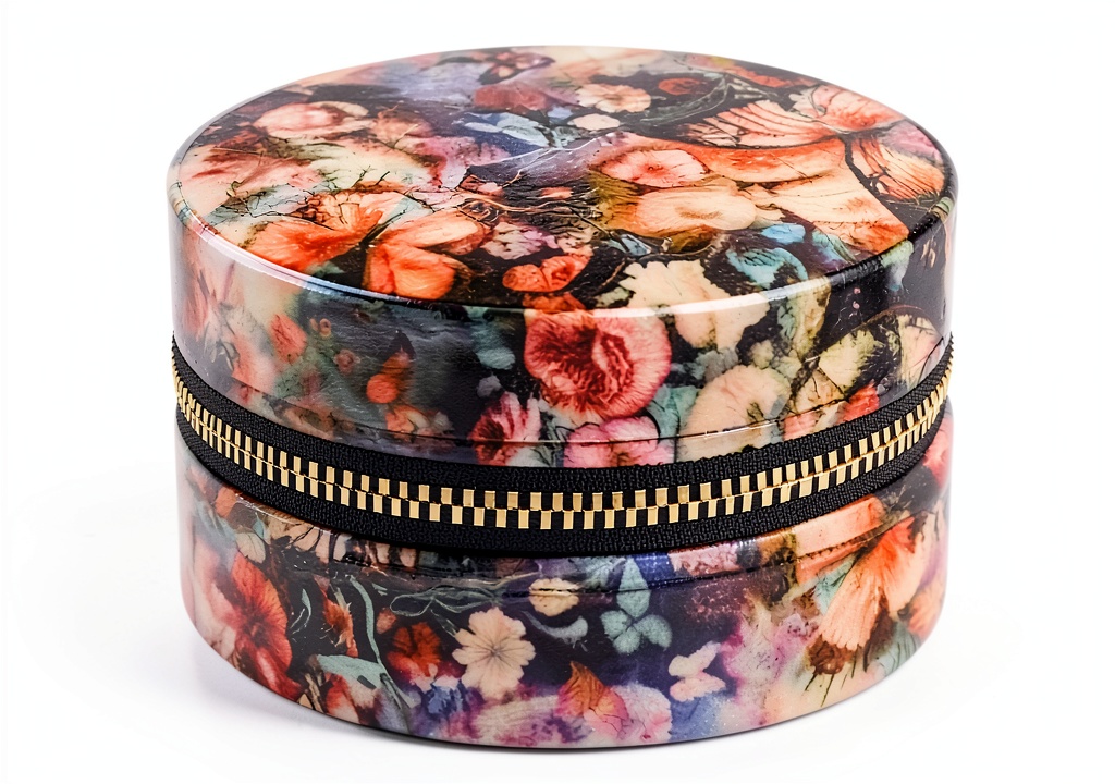 Johnny Was round jewelry box placed on a wooden bedside table, showing interior compartments