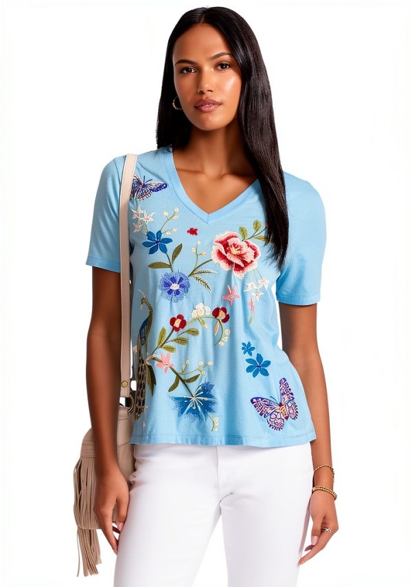 Bag Lady Collection Womens Cotton V-Neck Embroidered Tee-2