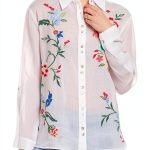 Floral Embroidery Womens Button Down Shirt Long Sleeve White-0