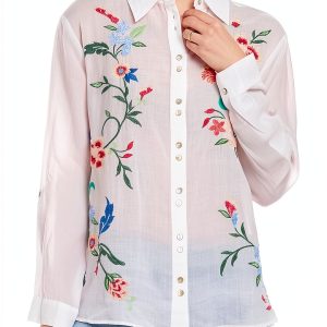 Floral Embroidery Womens Button Down Shirt Long Sleeve White-0