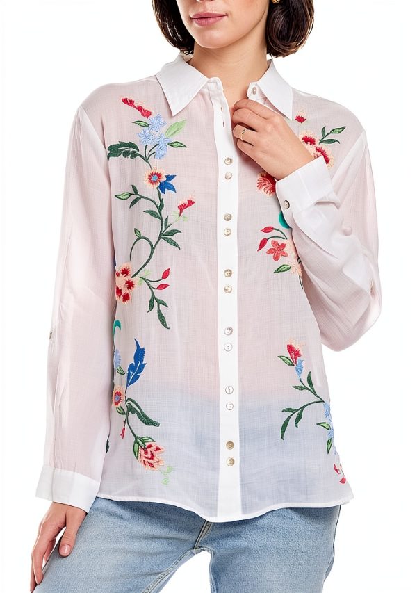Floral Embroidery Womens Button Down Shirt Long Sleeve White-0