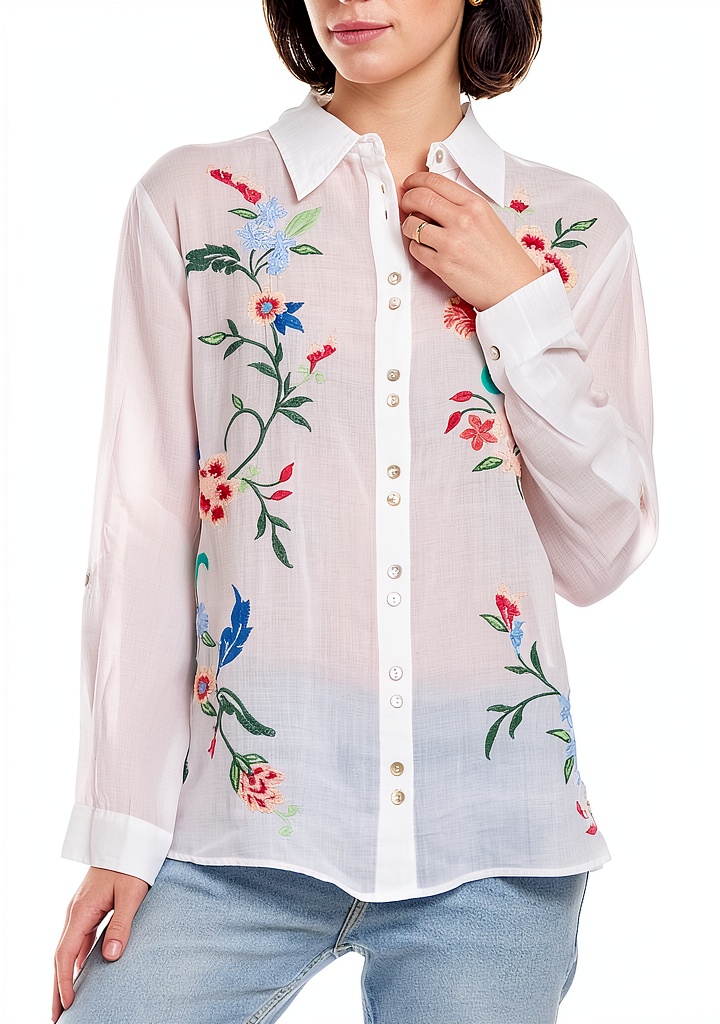 Womens floral embroidery button-down shirt displayed on a hanger