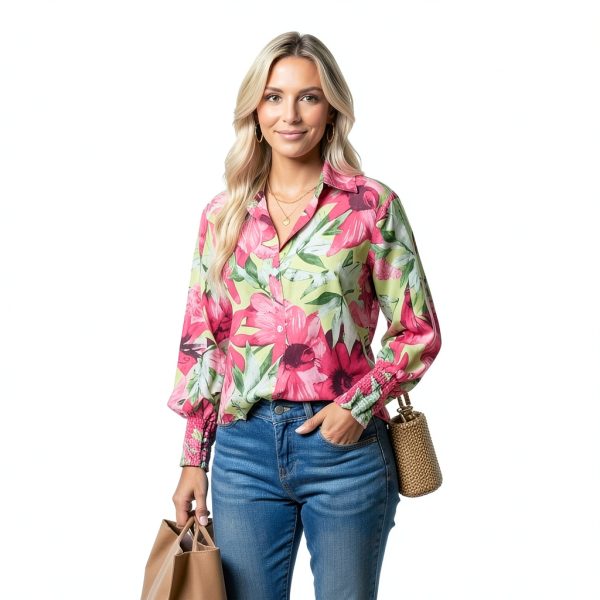 Boho Button Down Shirt Womens Long Sleeve Floral Blouse-4