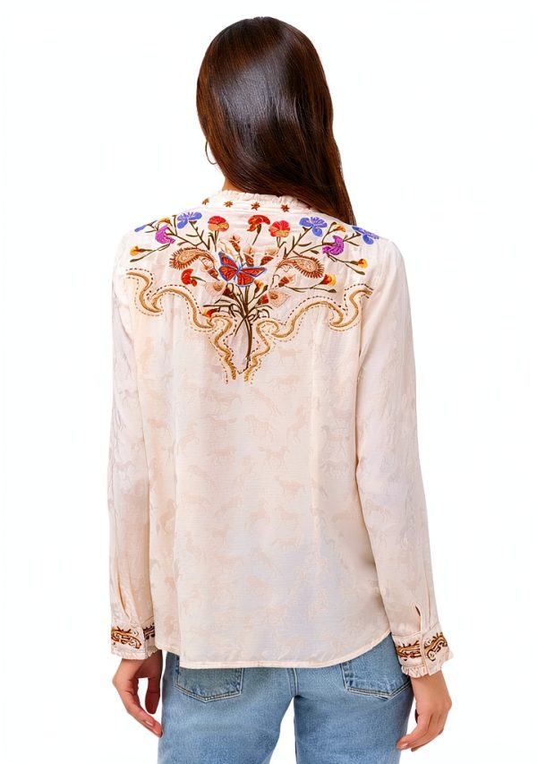 Durago Ruffle Neck Shirt Womens Jacquard Horse Motif-3