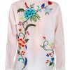 Floral Embroidery Womens Button Down Shirt Long Sleeve White-1