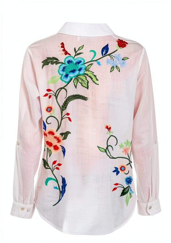 Floral Embroidery Womens Button Down Shirt Long Sleeve White-1