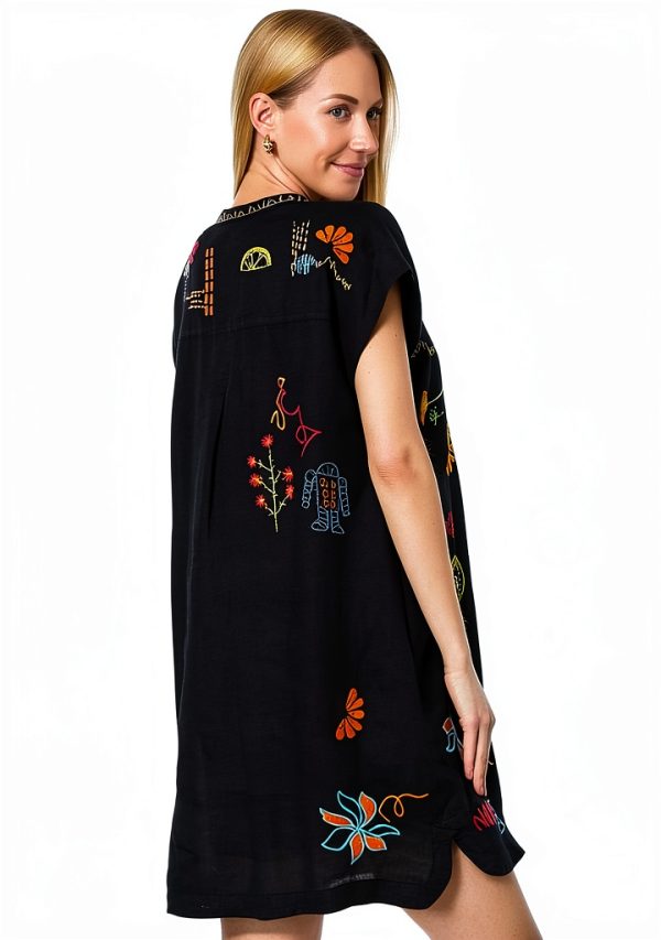 Johnny Was Linen Dress Black Floral Embroidery Womens Casual-2