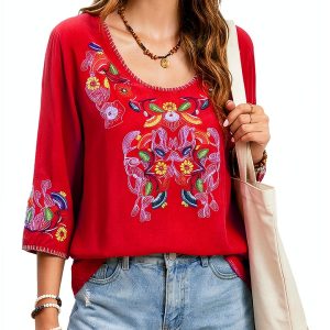 Embroidered Boho Tops Women Cotton Floral Design Peasant-0