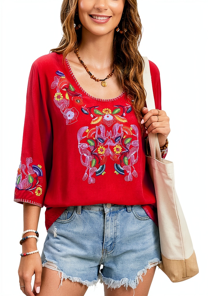 Real-life context – model wearing embroidered boho women's top on a sunny patio