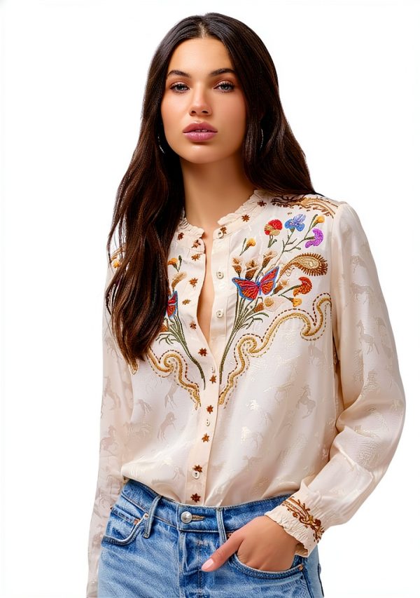 Durago Ruffle Neck Shirt Womens Jacquard Horse Motif-0