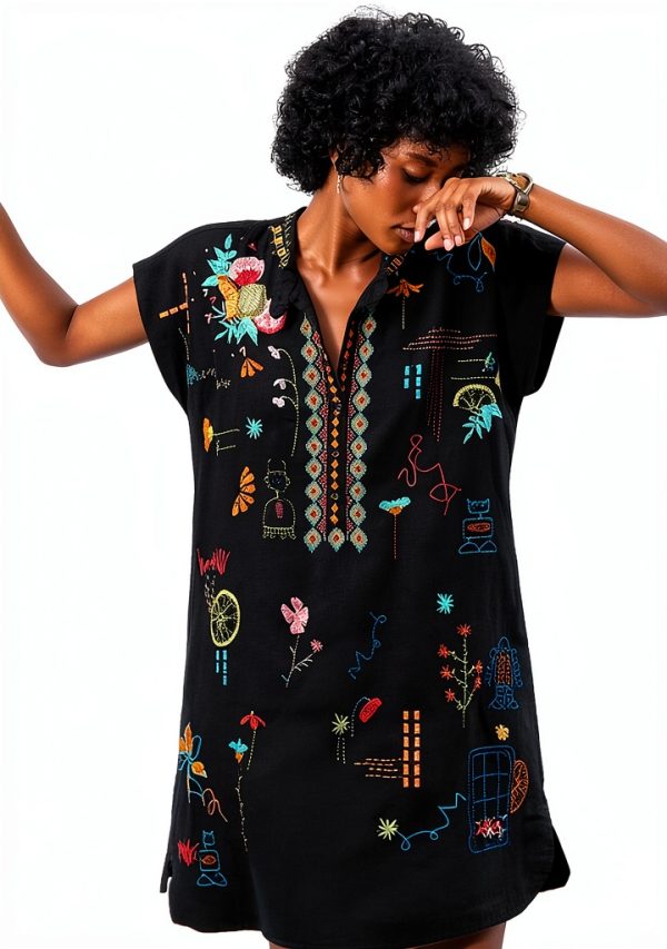 Johnny Was Linen Dress Black Floral Embroidery Womens Casual-5