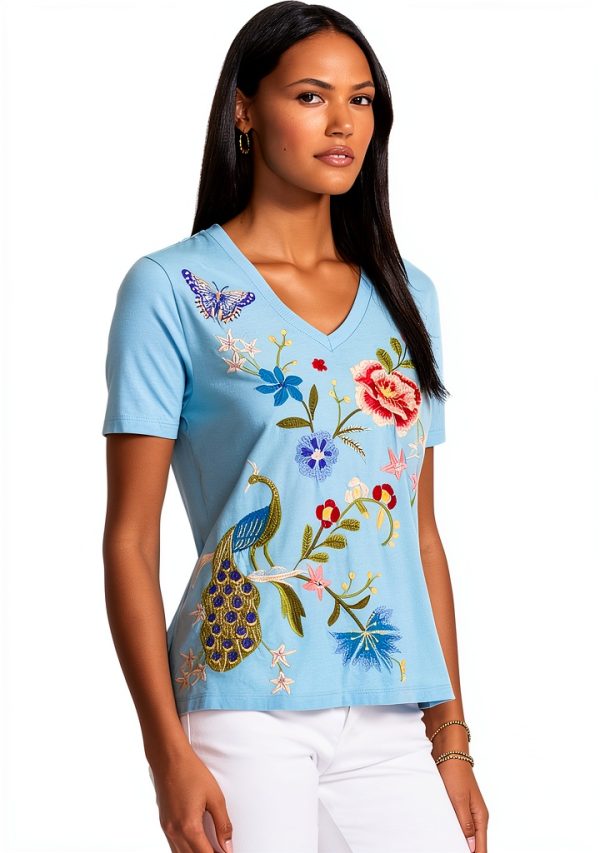 Bag Lady Collection Womens Cotton V-Neck Embroidered Tee-1