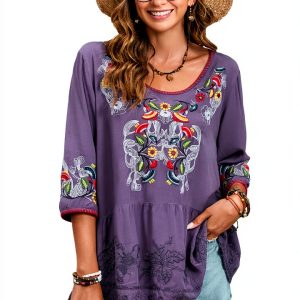Embroidered Womens Tops Cotton Floral Design Boho Blouse-0