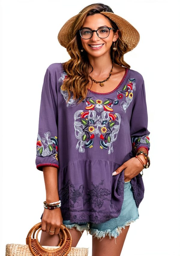 Embroidered Womens Tops Cotton Floral Design Boho Blouse-0