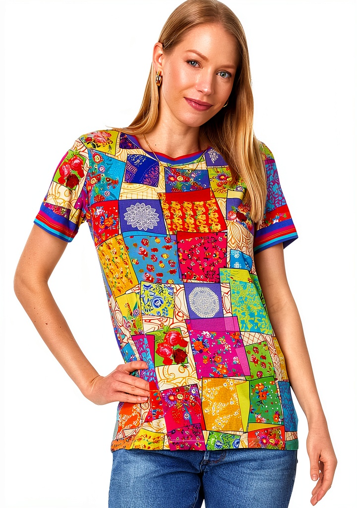 Installing Johnny Was Womens T-Shirt Soft Stretch Fabric Multicolor on a wooden desk