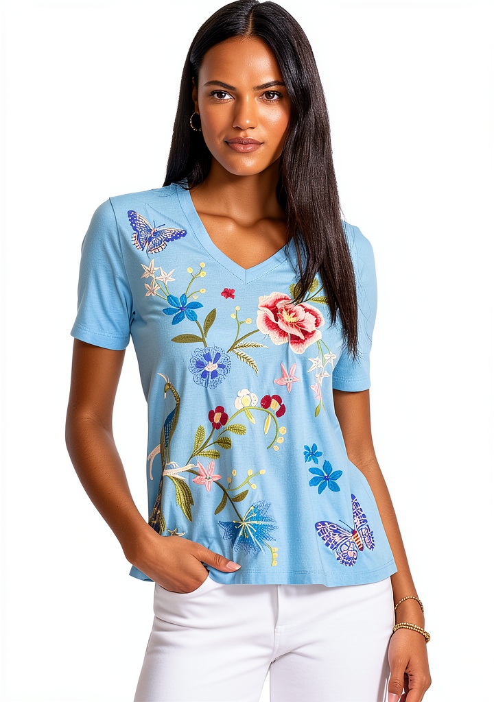 Bag Lady Collection Ethereal Blue V-neck tee with embroidery detail