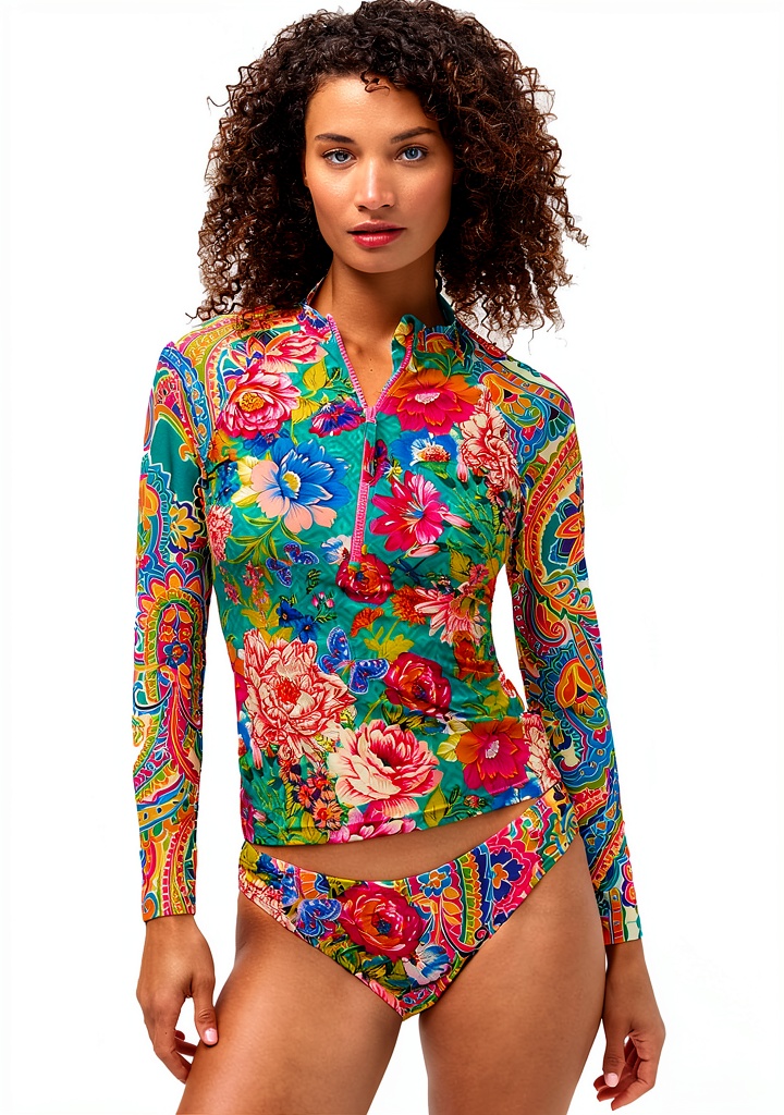 Womens rash guard shirt with floral print in action