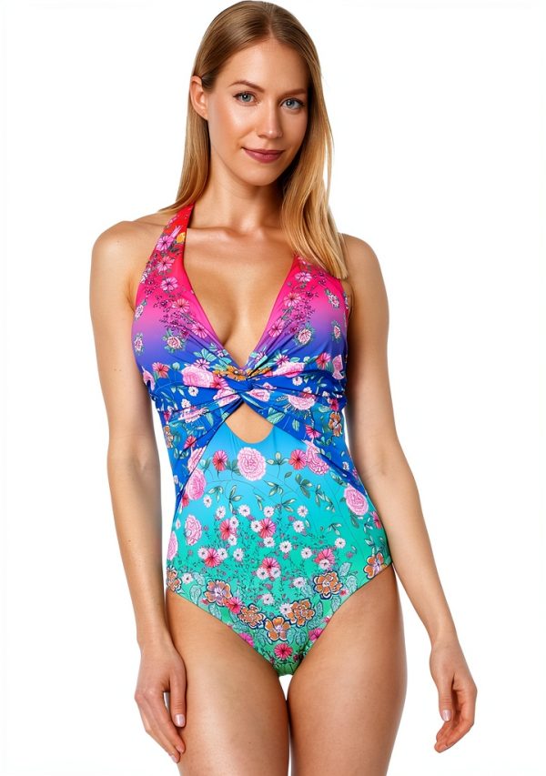 Chloe Womens Ombre Floral Twist Front One Piece Swimsuit-0