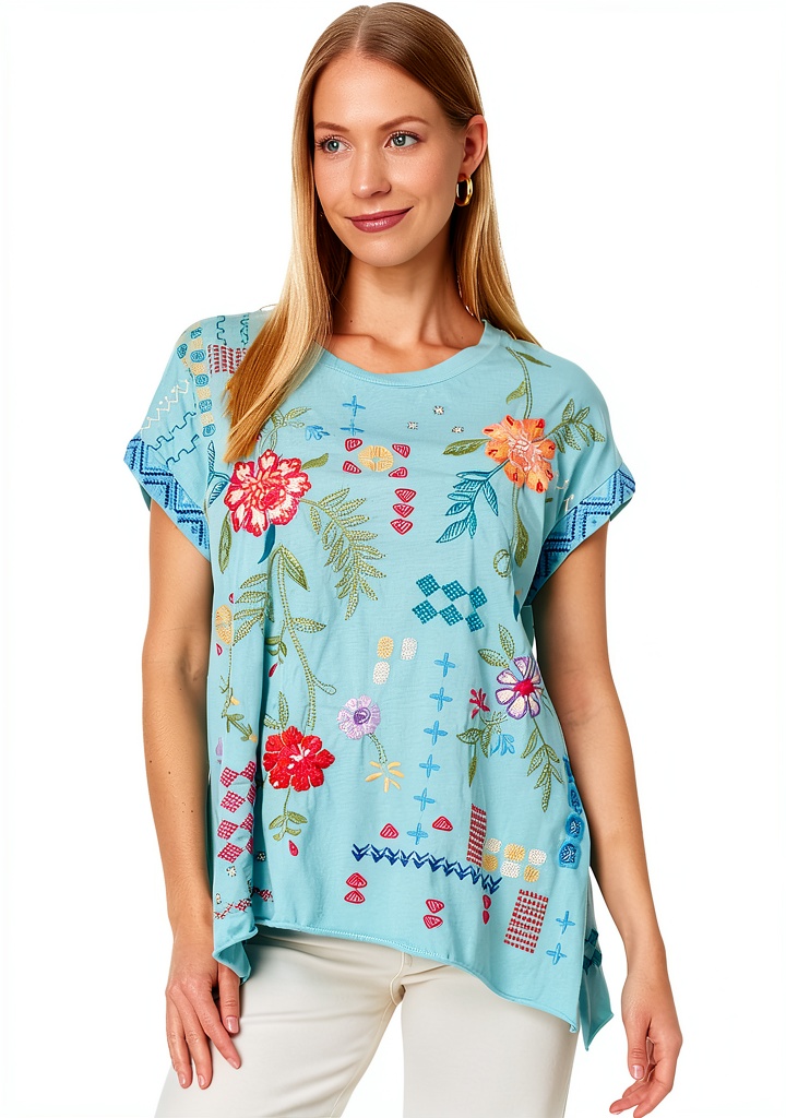 Johnny Was womens cotton tee in blue color on a hanger