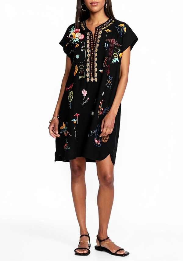 Johnny Was Linen Dress Black Floral Embroidery Womens Casual-4