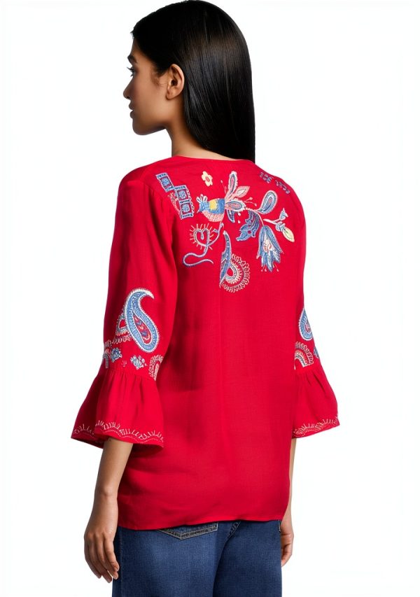 Johnny Was Silk Blouse Womens Embroidered Paisley Watermelon-2