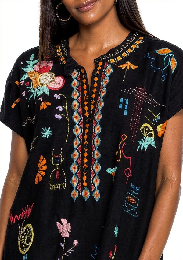 Johnny Was Linen Dress Black Floral Embroidery Womens Casual-8