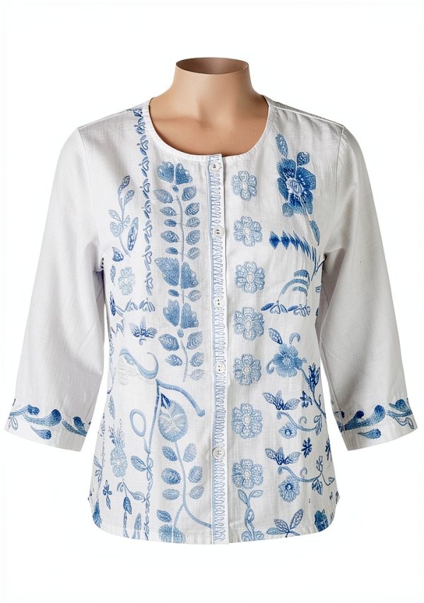 Johnny Was Womens Linen Blouse White Embroidery Flutter-3