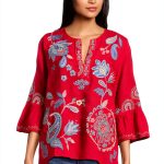 Johnny Was Silk Blouse Womens Embroidered Paisley Watermelon-0