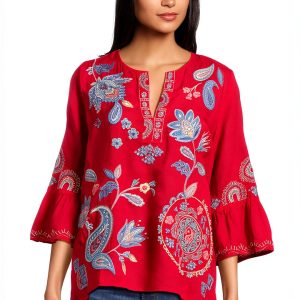 Johnny Was Silk Blouse Womens Embroidered Paisley Watermelon-0