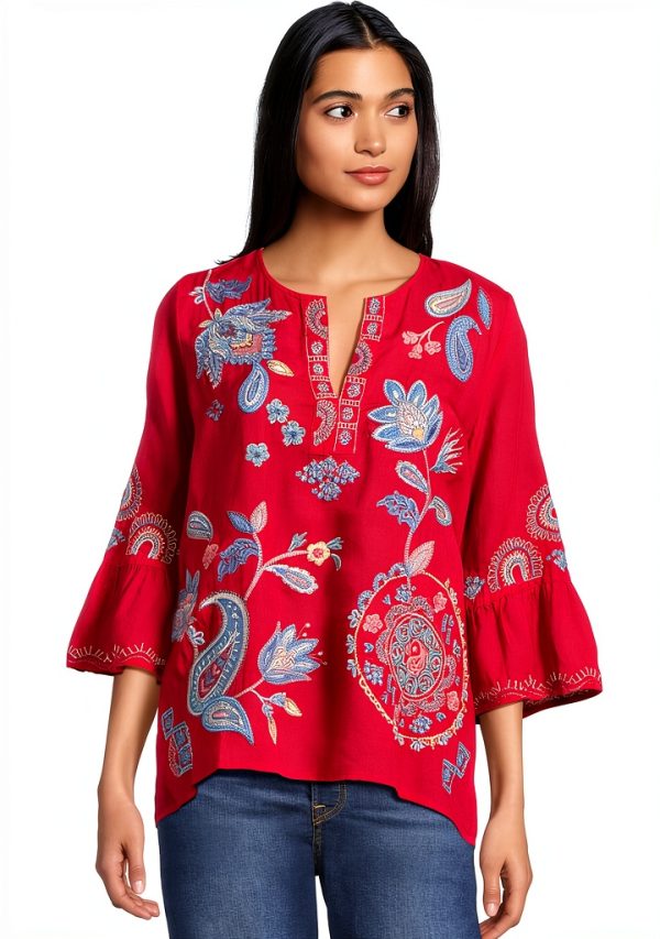 Johnny Was Silk Blouse Womens Embroidered Paisley Watermelon-0