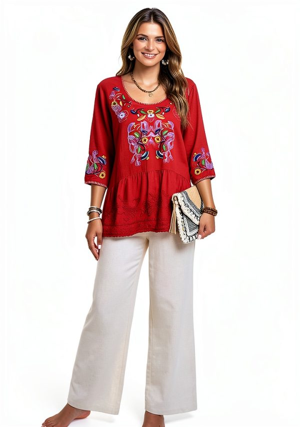 Embroidered Boho Tops Women Cotton Floral Design Peasant-2