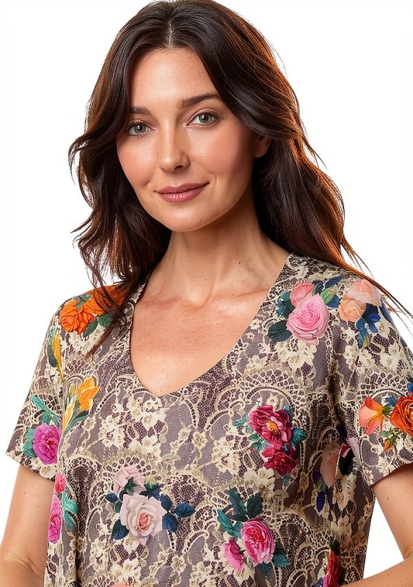 Bag Lady Rose Lace V Neck Swing Tee Womens Casual Top-1
