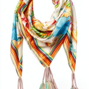 Johnny Was Silk Scarf Womens Printed Square Tassels-0