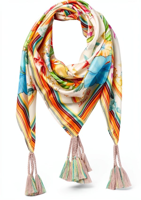 Johnny Was Silk Scarf Womens Printed Square Tassels-0
