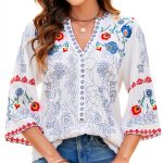 Mexican Embroidered Tops Women Cotton Rayon Boho Blouse-0