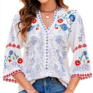 Mexican Embroidered Tops Women Cotton Rayon Boho Blouse-0