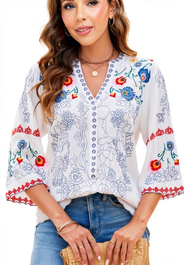 Mexican Embroidered Tops Women Cotton Rayon Boho Blouse-0