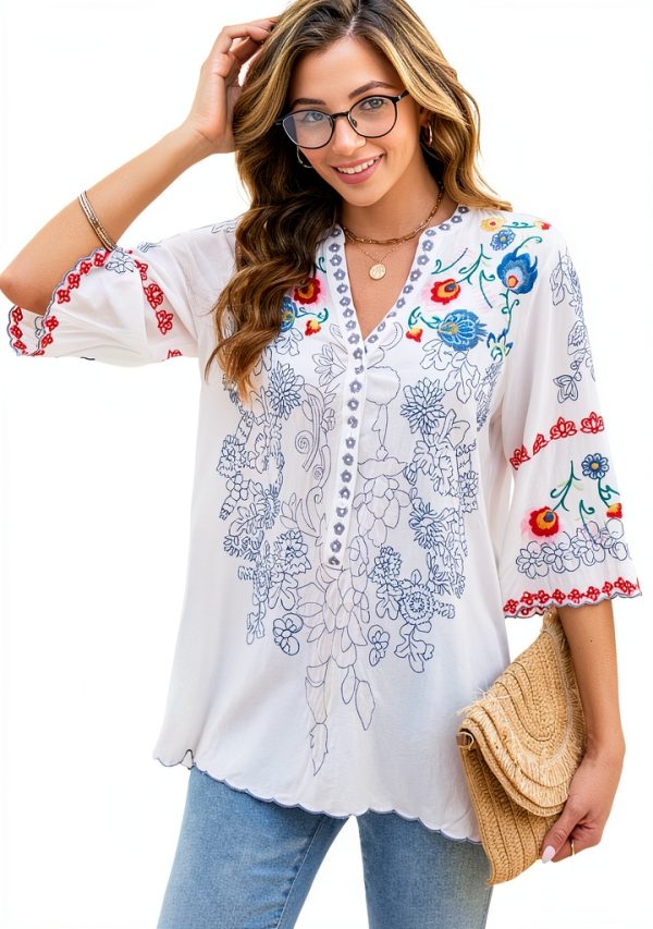 Mexican Embroidered Tops Women Cotton Rayon Boho Blouse-3