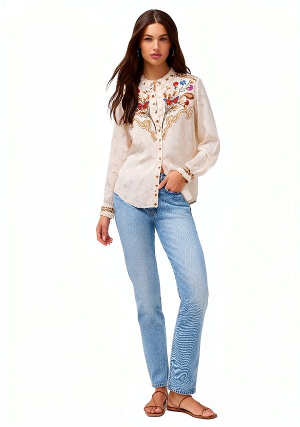 Durago Ruffle Neck Shirt Womens Jacquard Horse Motif-1