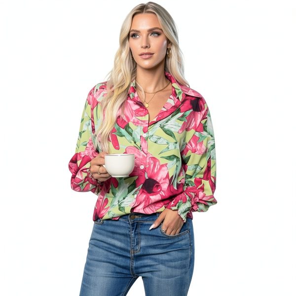 Boho Button Down Shirt Womens Long Sleeve Floral Blouse-3