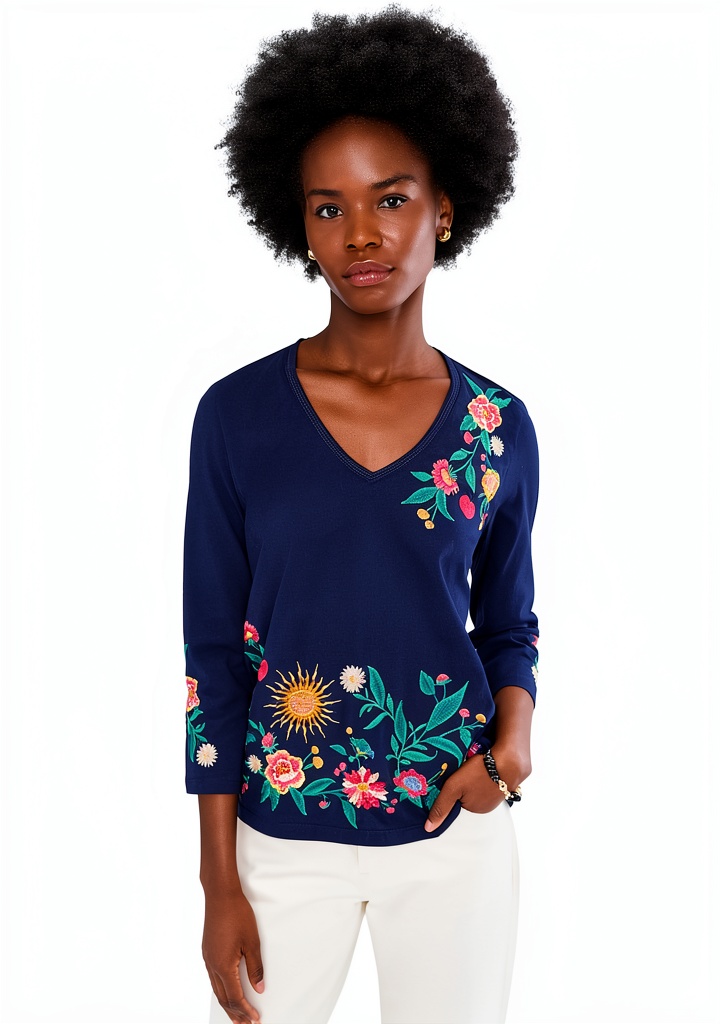 Johnny Was Blue Night womens fashion top displayed on a hanger