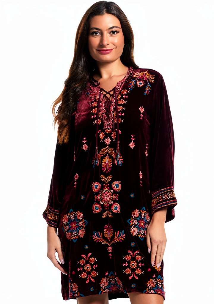 Johnny Was velvet dress in blackberry color displayed on a mannequin, showing fabric texture and fit