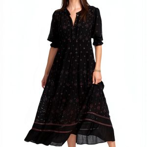 Womens Formal Dress Black Eyelet Embroidery V Neck-0